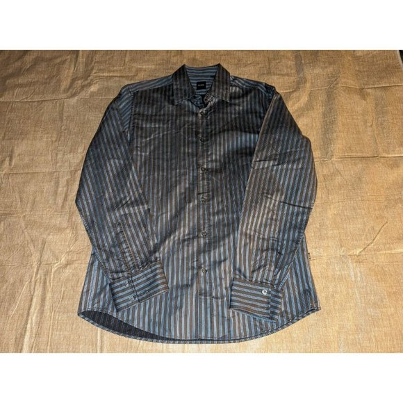 Hugo Boss Men's Large Gray Blue Button Up Long Sleeve Striped - Picture 2 of 5
